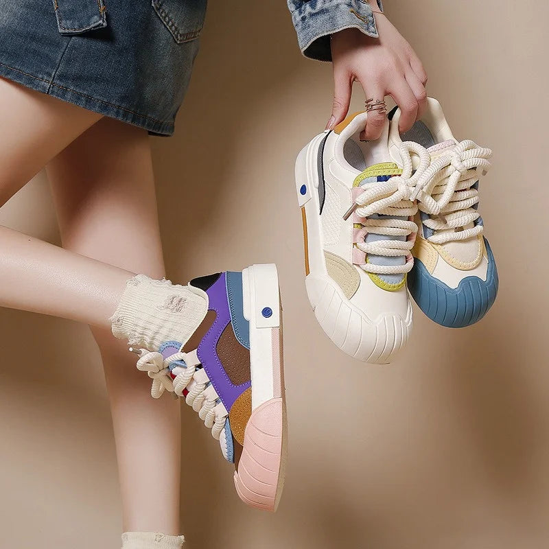 Colorblock Round Toe Platform Walking Sneakers 2025
