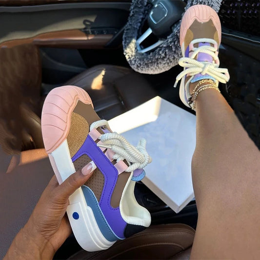 Colorblock Round Toe Platform Walking Sneakers 2025